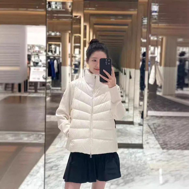 High Version Mengjia Knitted Splicing down Jacket for Girls, Stand Collar, Lightweight Hooded down Jacket for Women, Fresh