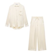 跨境外贸女装2025夏季欧美风丝缎长袖衬衫+休闲裤套装女A36559/60