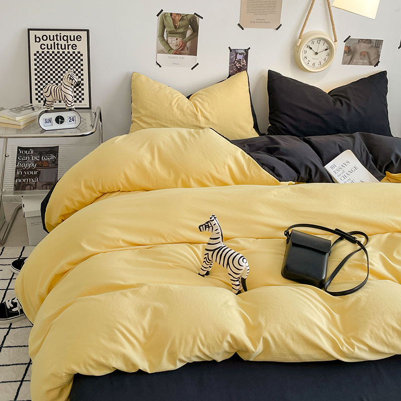 Washed Cotton Four-piece Bedding Set With Fitted Sheet For Home_voghion.com