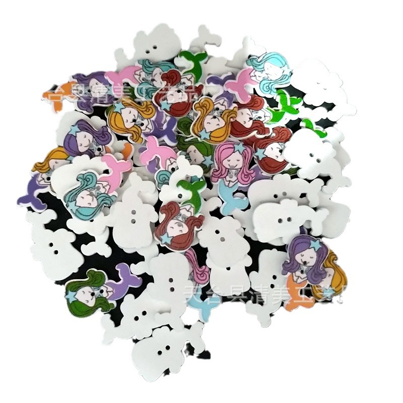 50 botones de madera de sirena pintados de dibujos animados de sirena pintados de dibujos animados de bricolaje por paquete