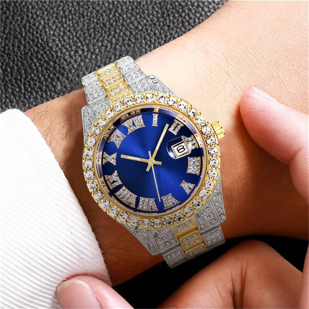 Neue wasser geist große strass Diamant herren Uhr Römischen skala kalender hip-hop uhr herren gold uhr Grün voller diamant_voghion.com