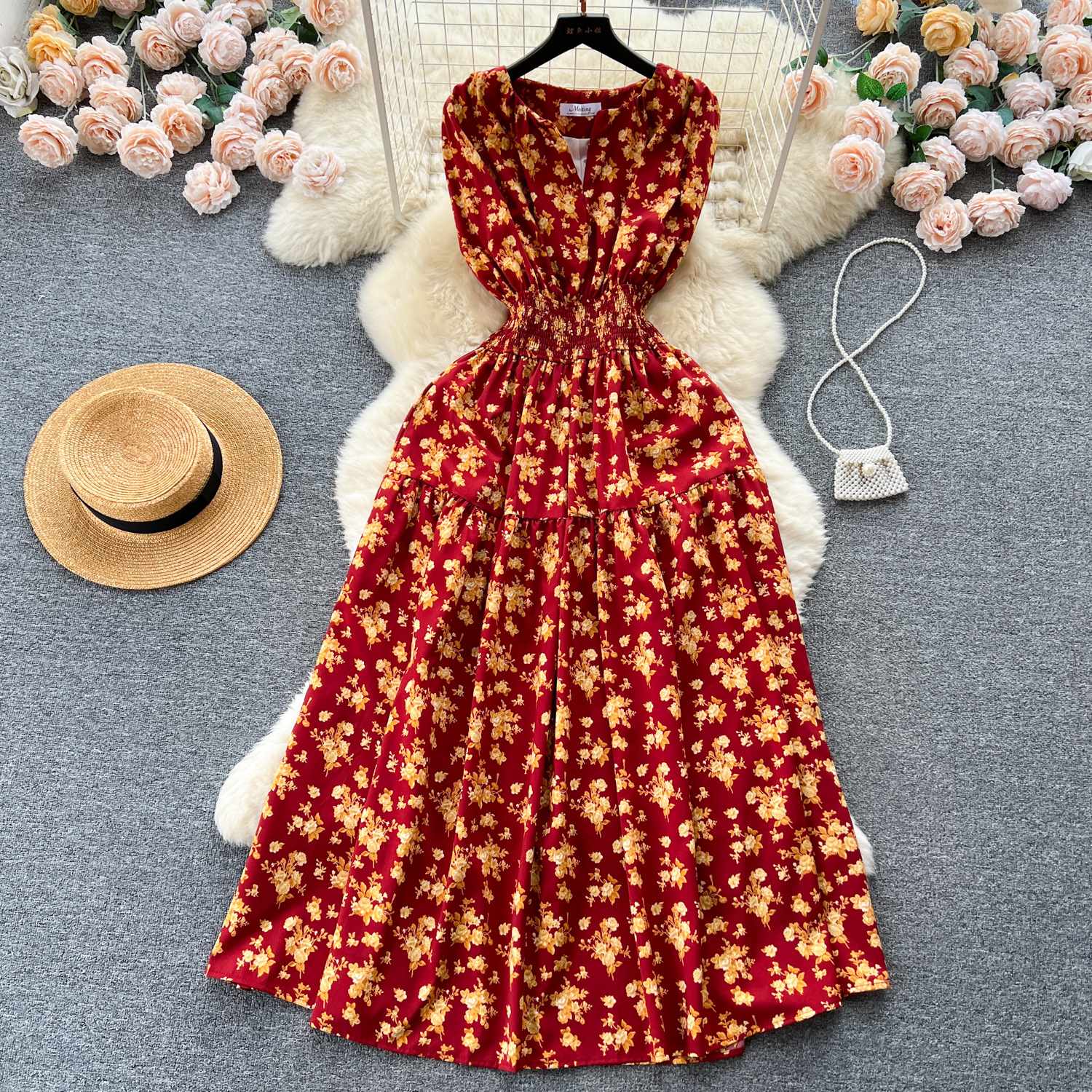 여름 꽃 민소매 원피스 여성 프랑스 스타일 복고풍 빛 성숙한 스타일 꽉 허리 슬리밍 우아한 슈퍼 요정 홀리데이 비치 원피스