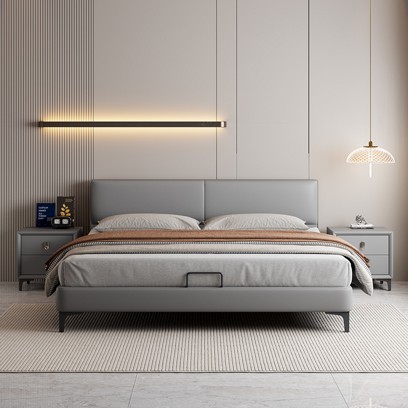 Genuine Leather Bed with Thin Headboard 2025 New Model for Master Bedroom, 1.8m Double Bed With齐边 Design for Small Apartments, Tofu Block Soft-Packed Solid Wood Bed