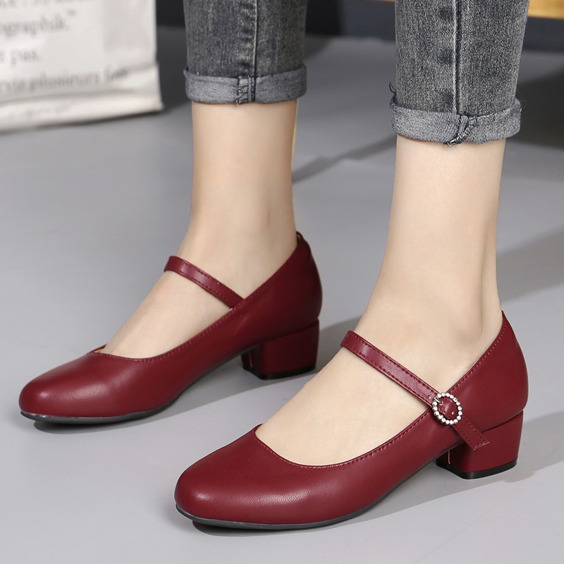 Mary Jane mother high-heeled leather soft red leather shoes with single-layer shoes women's wedding shoes like mother-in-law not tired feet