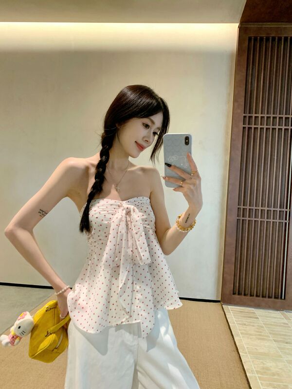 甜辣妹红色波点蝴蝶结抹胸背心女夏季法式小众显瘦无袖短款小上衣|undefined