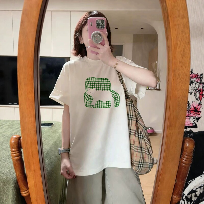 Cute Pure Cotton Design Niche T-Shirt for Women, Summer Oversized Cat Print Short-Sleeve, Stylish American-Style White Top for Students