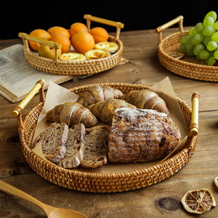 Vietnamese Rattan Woven Dessert Plate Home Desktop Breakfast Bread Basket Japanese Style Fruit Plate with Handle Picnic Steamed Bun Basket