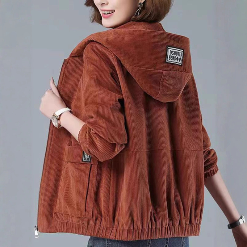 Corduroy Short Jacket Women's Autumn and Winter Korean Style Loose 2025 New Large Size Hooded Casual Middle-Aged Mother Jacket