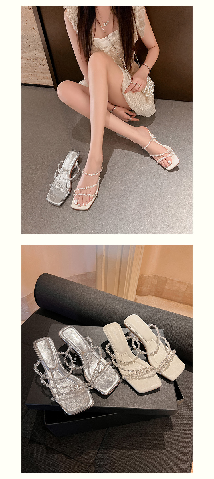 Sandal nữ quai mảnh đính đá mũi vuông hở mũi gót cao trong suốt đế xuồng — trắng chi tiết 17