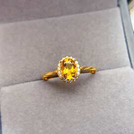 天然S925银黄水晶戒指5*7mm轻奢高级感图片色新款网红饰品批发