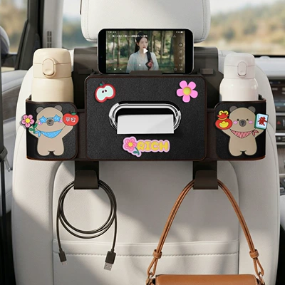 Car tissue box/set | back storage box, cute cartoon - peace-and-prosperity-4-in-1-seat-storage-box-4th-generation-black
