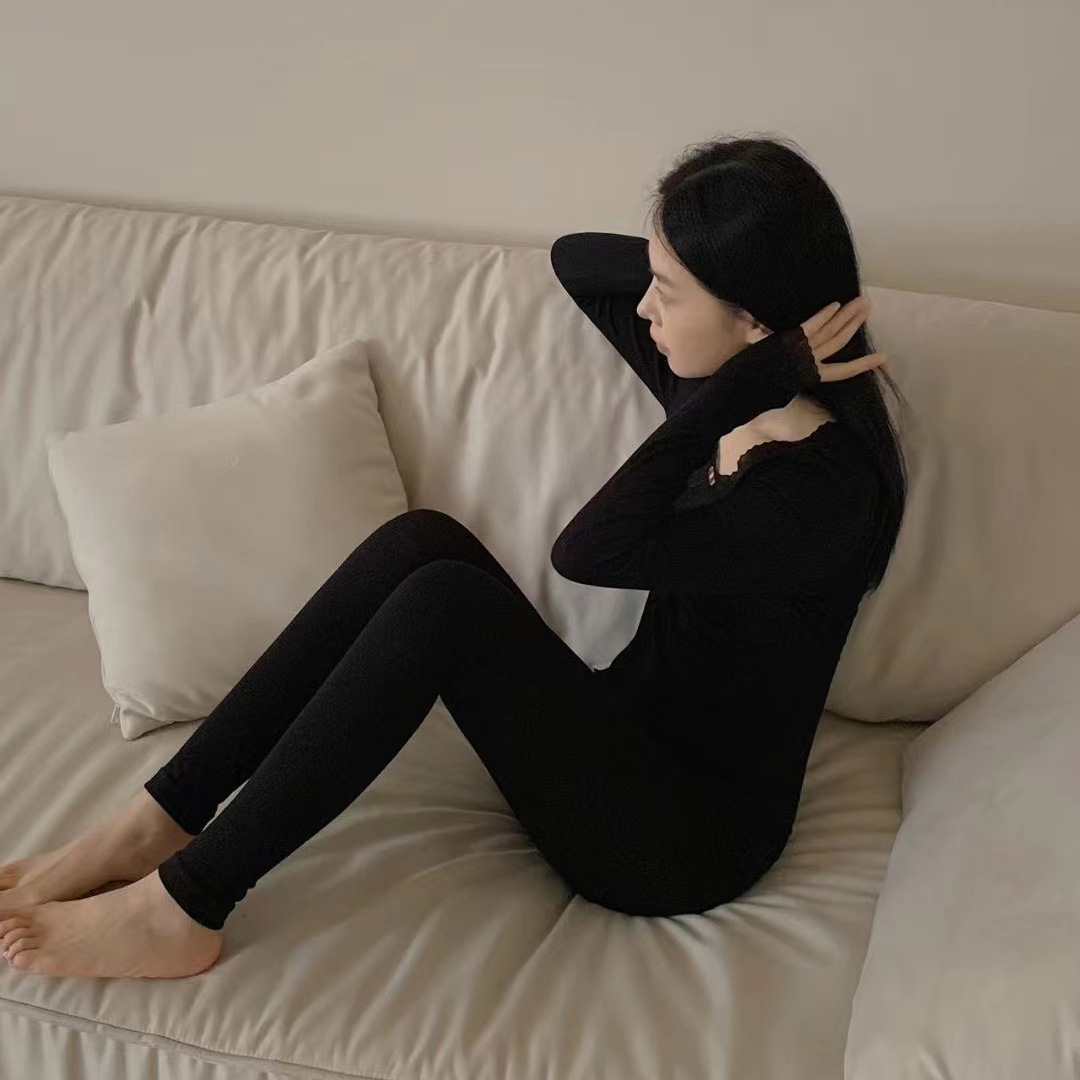 (2개) 열 속옷 여성의 두꺼운 가을 옷과 가을 바지 세트 바디 쉐이핑 원활한 V 넥 바닥 겨울 다목적 가을, 겨울 9085