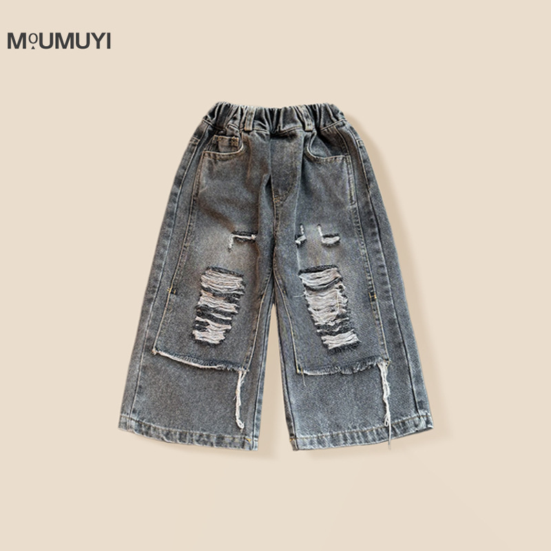 Boys' jeans, 2026 autumn new style, casual distressed long pants, stylish spring and autumn style, ripped and cool pants.
