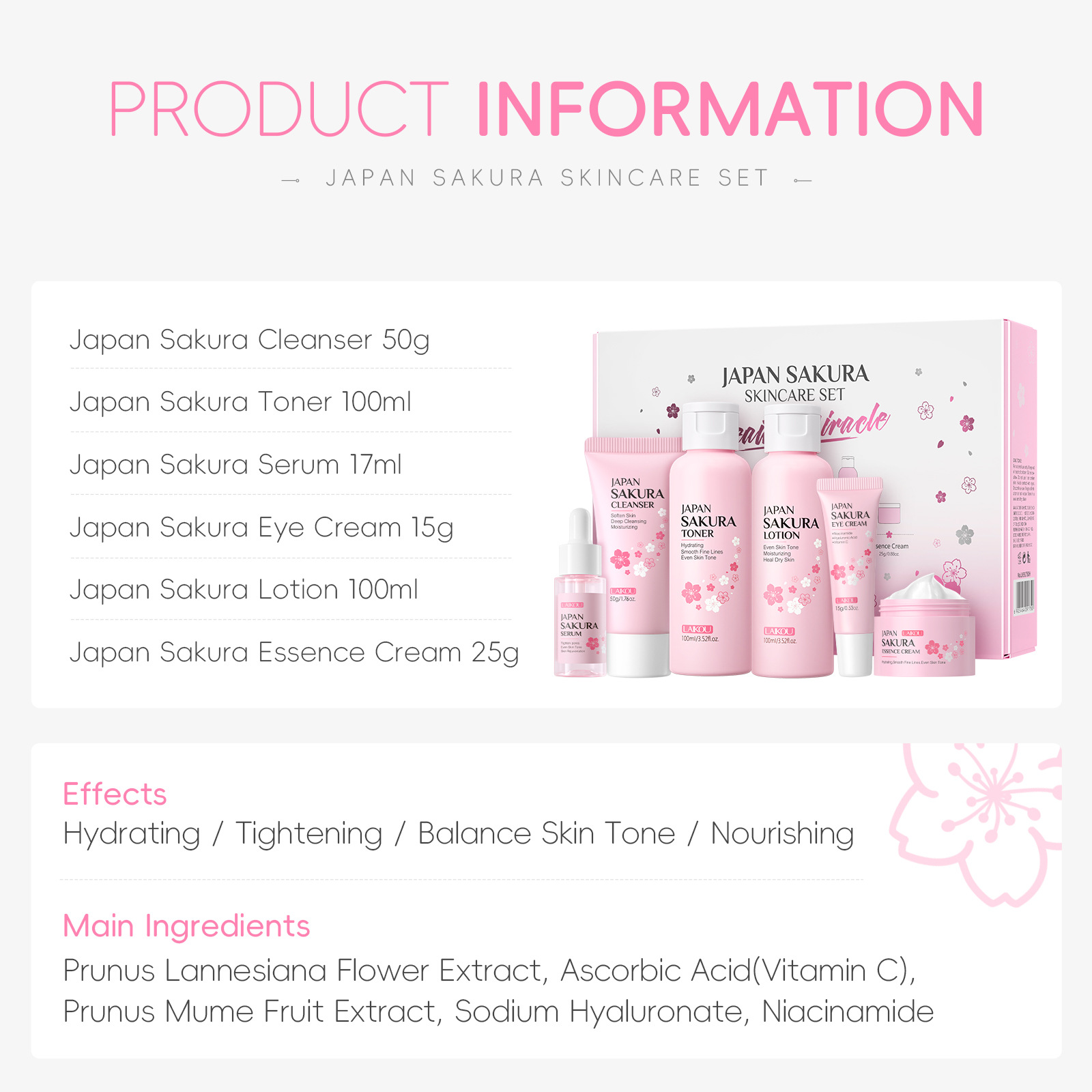 Cross-border LAIKOU Cherry Blossom Skincare Set of 6 pieces: Facial Cleanser, Lotion, Essence, Eye Cream, Essence, Cream and skincare products undefined