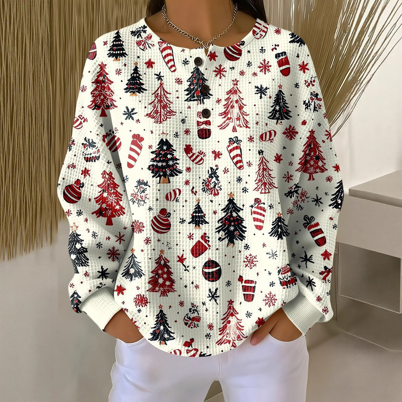 25 Amazon Independent New Retro 3D Digital Printing Three-Button Stand Collar Polo Sweatshirt Women's Clothing--Waffle