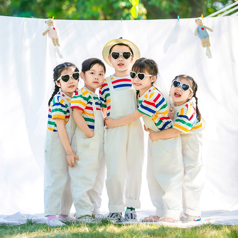 Детский сад выпускной Радуга в полоску с короткими рукавами белые брюки брюки выпускной фотографии танцевальная одежда спортивная одежда