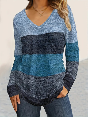 Women's European and American new fashionable casual V-neck color matching long-sleeved T-shirt