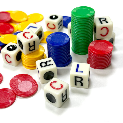 Cross-border hot selling left, center and right fun four-color game dice LCR game dice with chips in tube English version