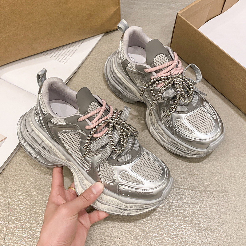 정품 가죽 구슬 더블 신발 토레 신발 여성 2025 봄 새로운 두꺼운 바닥 증가 메쉬 통기성 캐주얼 운동화