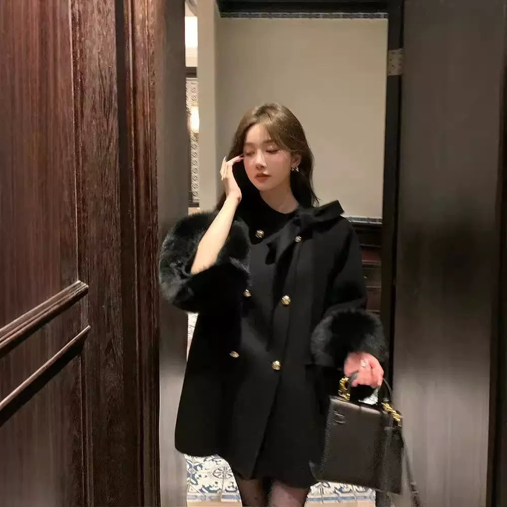 【断码清仓】蝴蝶结双面羊绒大衣女斗篷狐狸毛双面羊毛呢子外套