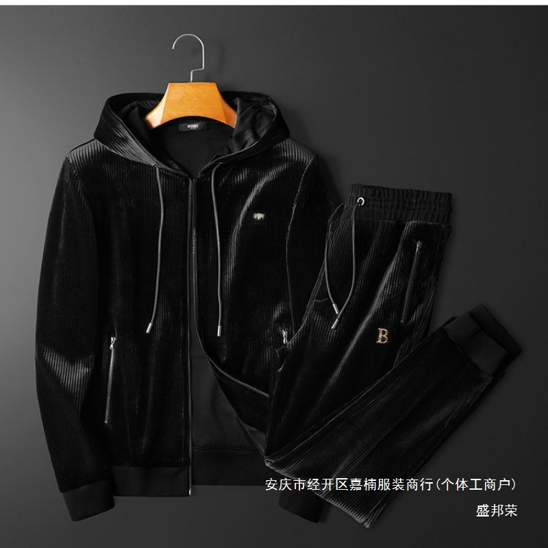 새로운 가을과 겨울 후드 캐주얼 스포츠 세트 골든 벨벳 투피스 남성복 느슨한 남성 재고