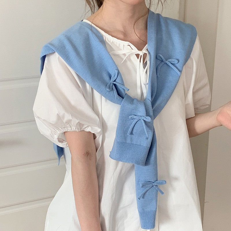 Sopa de punto para mujeres otoño y invierno nuevo arco tridimensional con falda camisa de nudos de cuello pequeño hombro de hombro