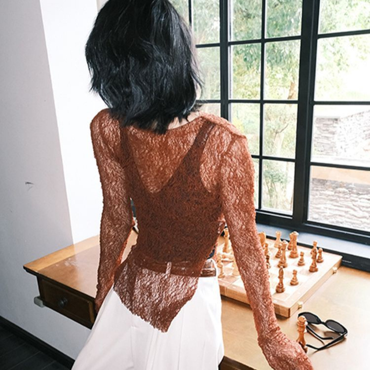 Lace See-Through Round Neck Long-Sleeved T-Shirt for Women, Spring Design, Slim Fit, Sexy, Irregular Brick Red Top