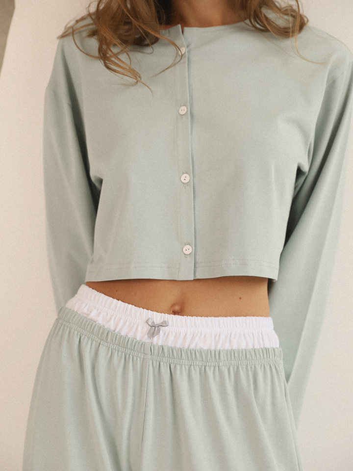Bộ đồ ngủ dài tay dài quần giả hai mảnh phong cách Âu Mỹ, áo cardigan mặc nhà — Xanh lá cây chi tiết 29