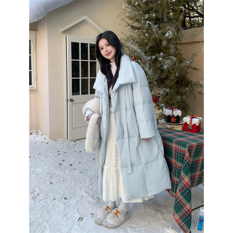 Korean-Style Light Blue Long Over-The-Knee down Jacket for Women, Winter 2025 New Popular Model, White Duck down Lining, Warm Coat
