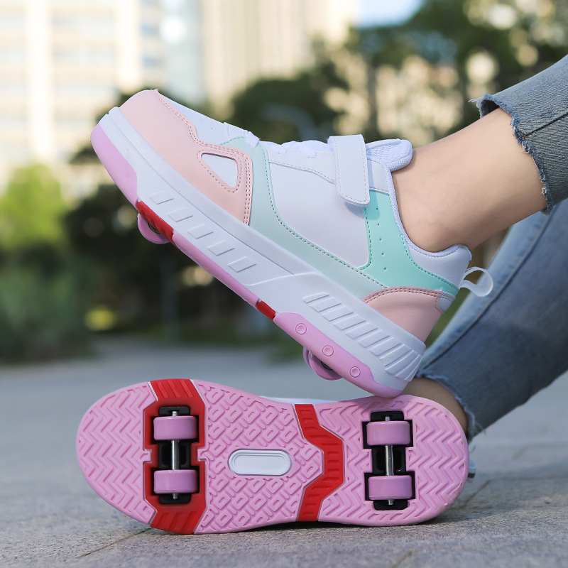 Pulley Heol Shoes Skate Shoes Four-wheel Deformation Shoes Children Adult Roller Skate Shoes Wheel Shoes Double Rai Wheel New