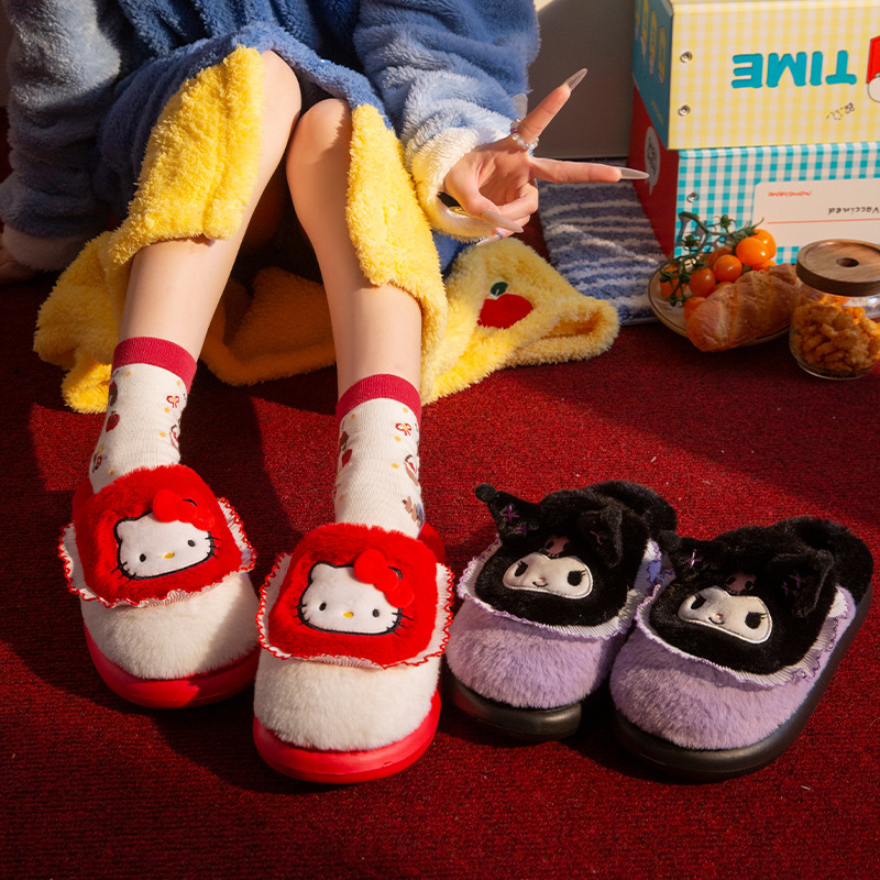 可爱kitty猫三丽鸥棉拖鞋女秋冬季室内居家防滑厚底暖绒亲子毛拖|undefined
