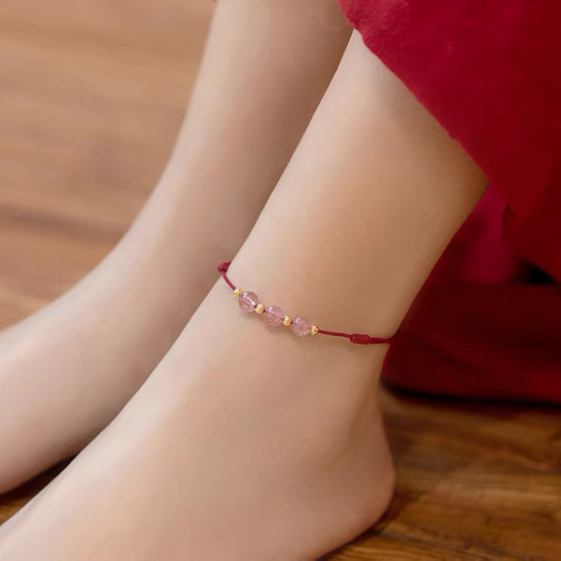 Strawberry Crystal Anklet for Women, Summer Red Rope Woven Bracelet, Good Luck Beads, Trendy Non-Fading Friendship Ins-Style Anklet