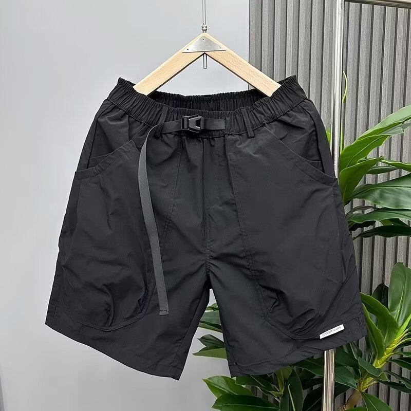 2025 Men's Trendy Large Pocket Belt Style Cargo Shorts Summer Thin New Loose Straight Mid-Length Shorts