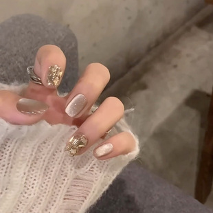TikTok Explosive Wearing Mail Nail Nail Nail Pieces Handmade Stone Stone Cat's Eye Champagne Broken Diamond Short Nail Patch Removable