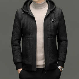 条纹棉服中青年男薄棉夹克外套2024新款秋冬季高端连帽休闲薄棉衣