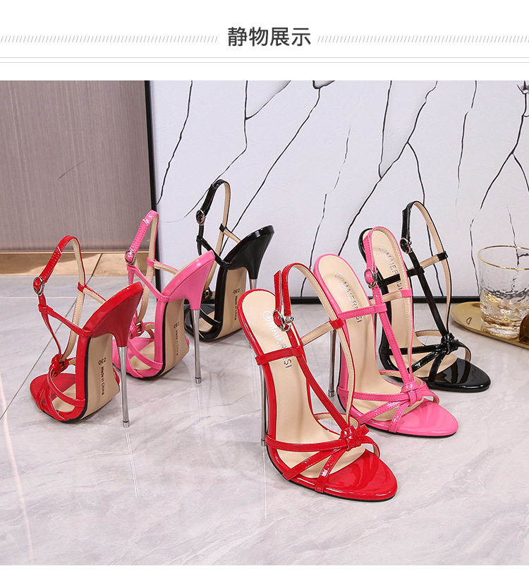 Dép sandal nữ quai ngang gót nhọn kim loại siêu cao, phong cách châu Âu và Mỹ — Màu đen, Màu đỏ, Đỏ đào chi tiết 24