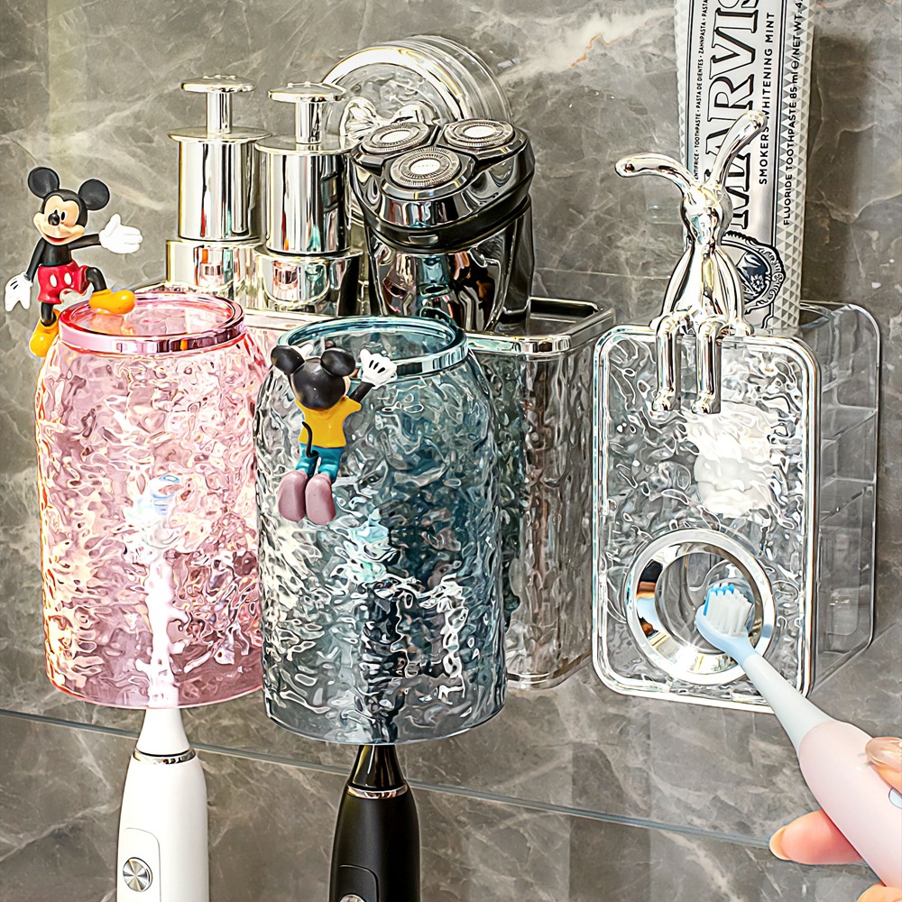 Estante de cepillo de dientes con ventosa Taza de enjuague bucal sin perforación Cepillo de dientes Taza de dientes Montado en la pared Cepillo de dientes Estante de pasta de dientes