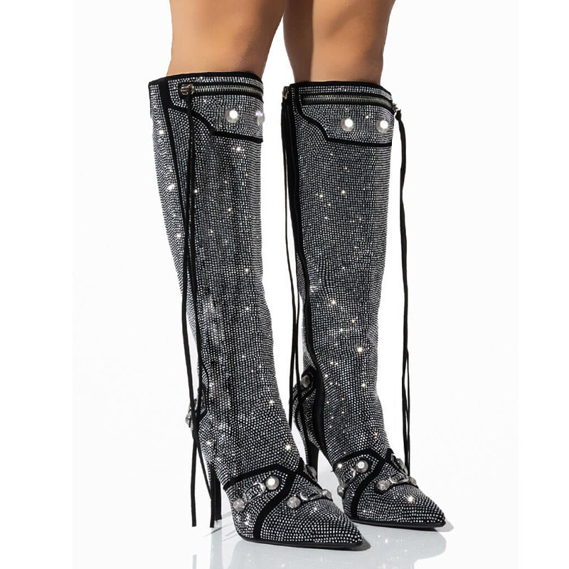 2023 Pointed Toe Stiletto Heel Side Zipper Rivet Buckle Rhinestone Large Size Knee-High Boots High Heels