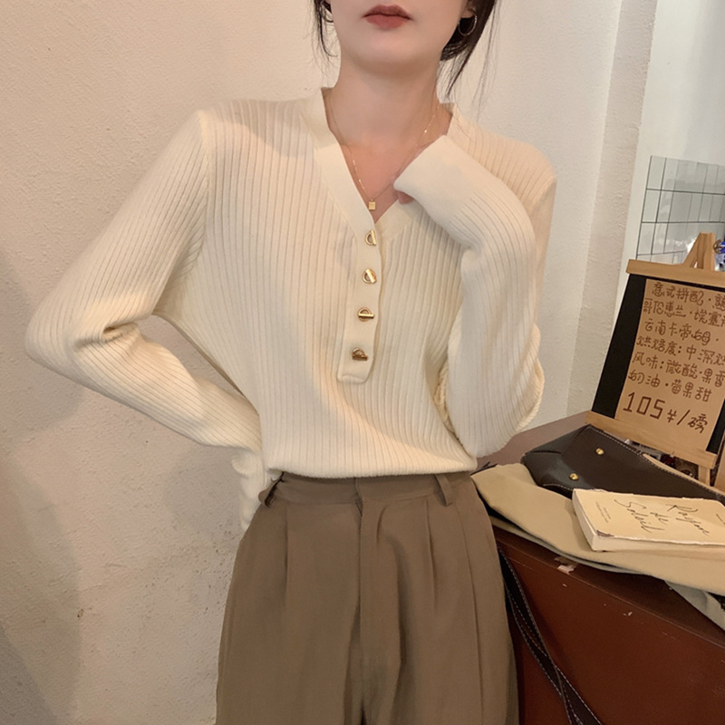 Korean Style V-Neck Shoulder Knitted Sweater Women's Autumn and Winter Elegant Inner Coat Suit Western Style Slim Fit Base Top