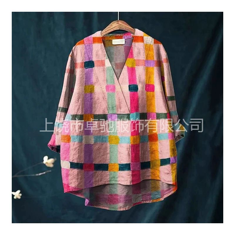 2025 Трансграничные новые независимые станции Amazon AliExpress модная цифровая печатная рубашка с широким V-образным вырезом