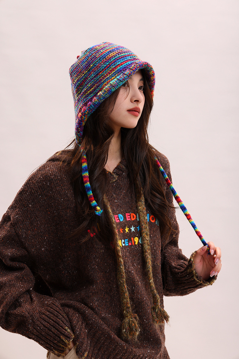 Cappelli di lana autunnali e invernali per bambini, colori arcobaleno a contrasto per mettere in mostra il viso, piccola borsa con testa carina legata con corda_voghion.com