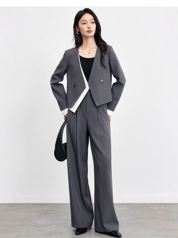 假两件设计感西装套装女2025秋季新款撞色拼接小西服阔腿裤两件套|undefined