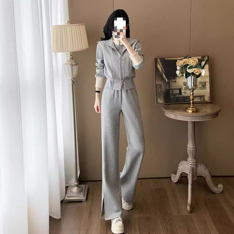 高级感灰色运动套装女秋休闲百搭洋气减龄假两件外套阔脚裤两件套|undefined