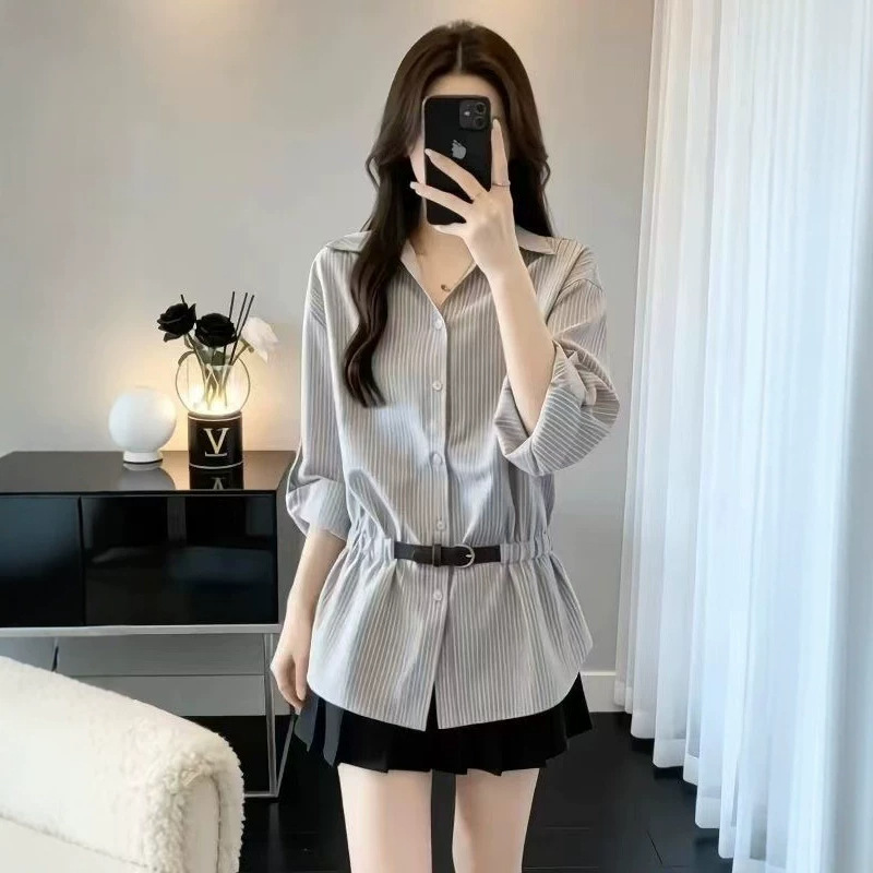 French-style Commuter Striped Long-Sleeve Shirt, New Spring Plus Size Slimming Waist-Cinching Top for a Flattering Look
