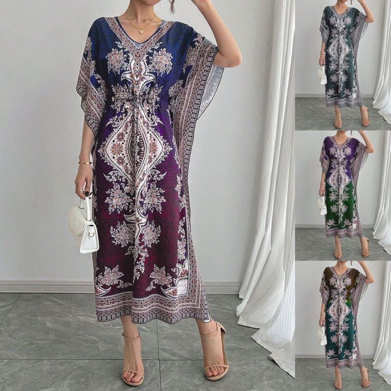 Bohemian Traditional Style Loose V-Neck Breathable High-End Casual Convertible Slim-Fit Short-Sleeve Dress