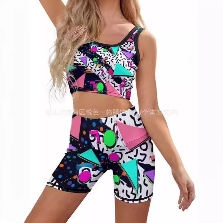80s 90s Workout Yoga Set Exposed Navel Vest High Waist Leggings Shorts Gym Sportswear