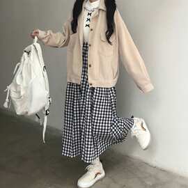 棉麻格子半身裙秋冬女复古高腰直筒显瘦中长款松紧腰a字半身裙