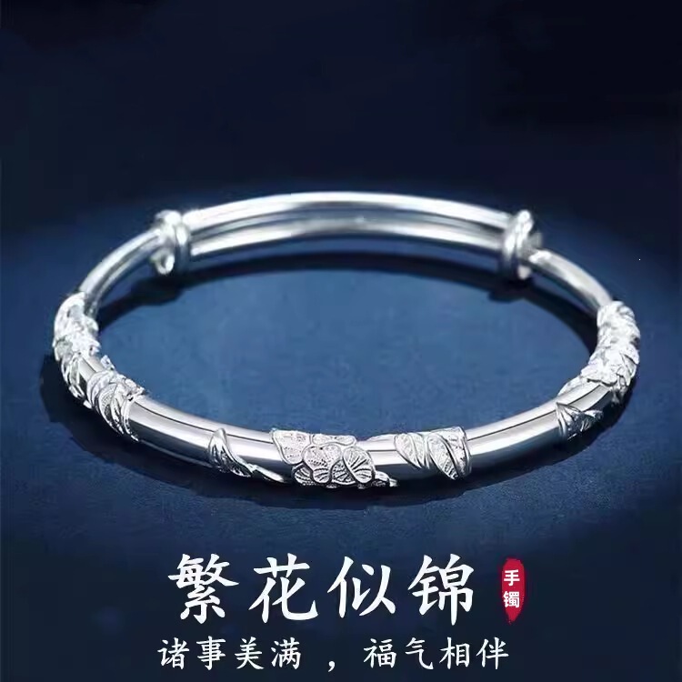 Solid Pure Silver Bracelet Made of 9999 Pure Silver, Mother's Day Push-Pull Silver Bracelet, Valentine's Day Gift for Wife and Mother