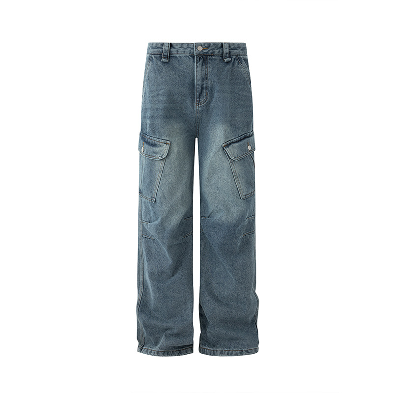 MYQ Men's Retro Washed Workwear Jeans Cleanfit Straight Leg Wide Leg Pants Mid Waist Cotton Autumn Commuter Jeans_mkmklike.com