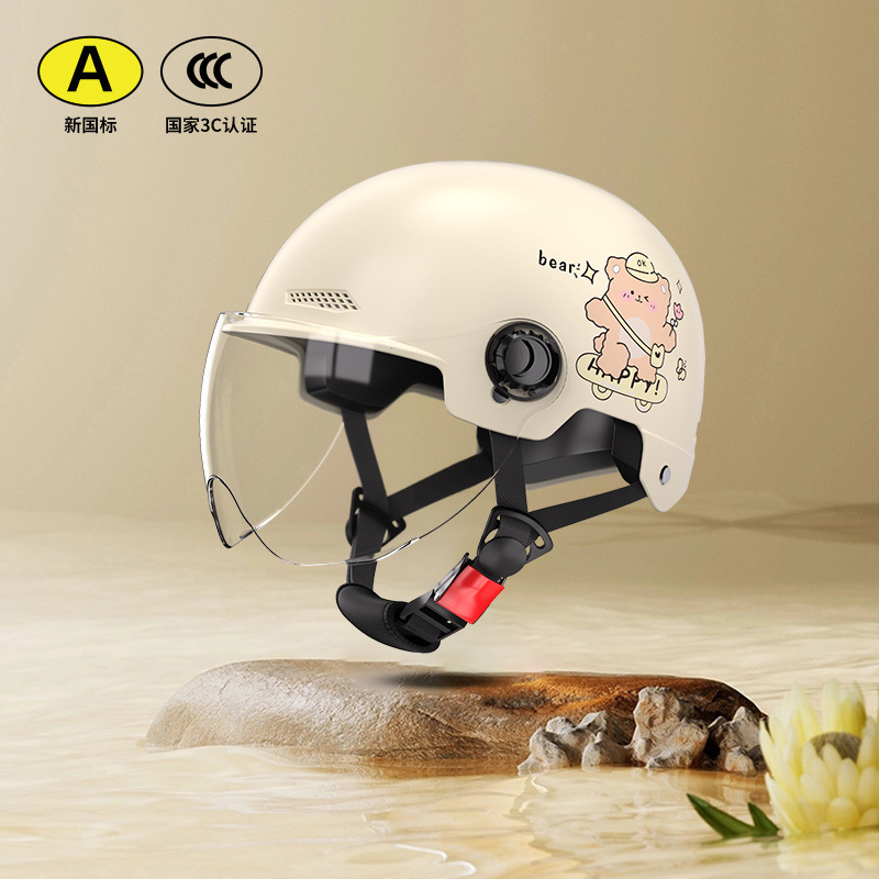 Motuoche Electric Motorcycle Helmet Women Summer Sunscreen Half Helmet Men (Motosiklet kaskı (dəbilqə)) - 3c-certified-beige-bear-transparent-short-visor